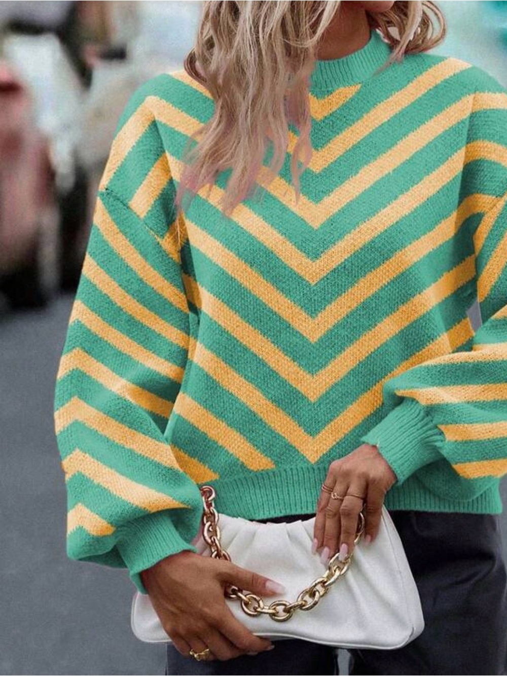 SHEIN Mint and Yellow Chevron Crewneck Sweater